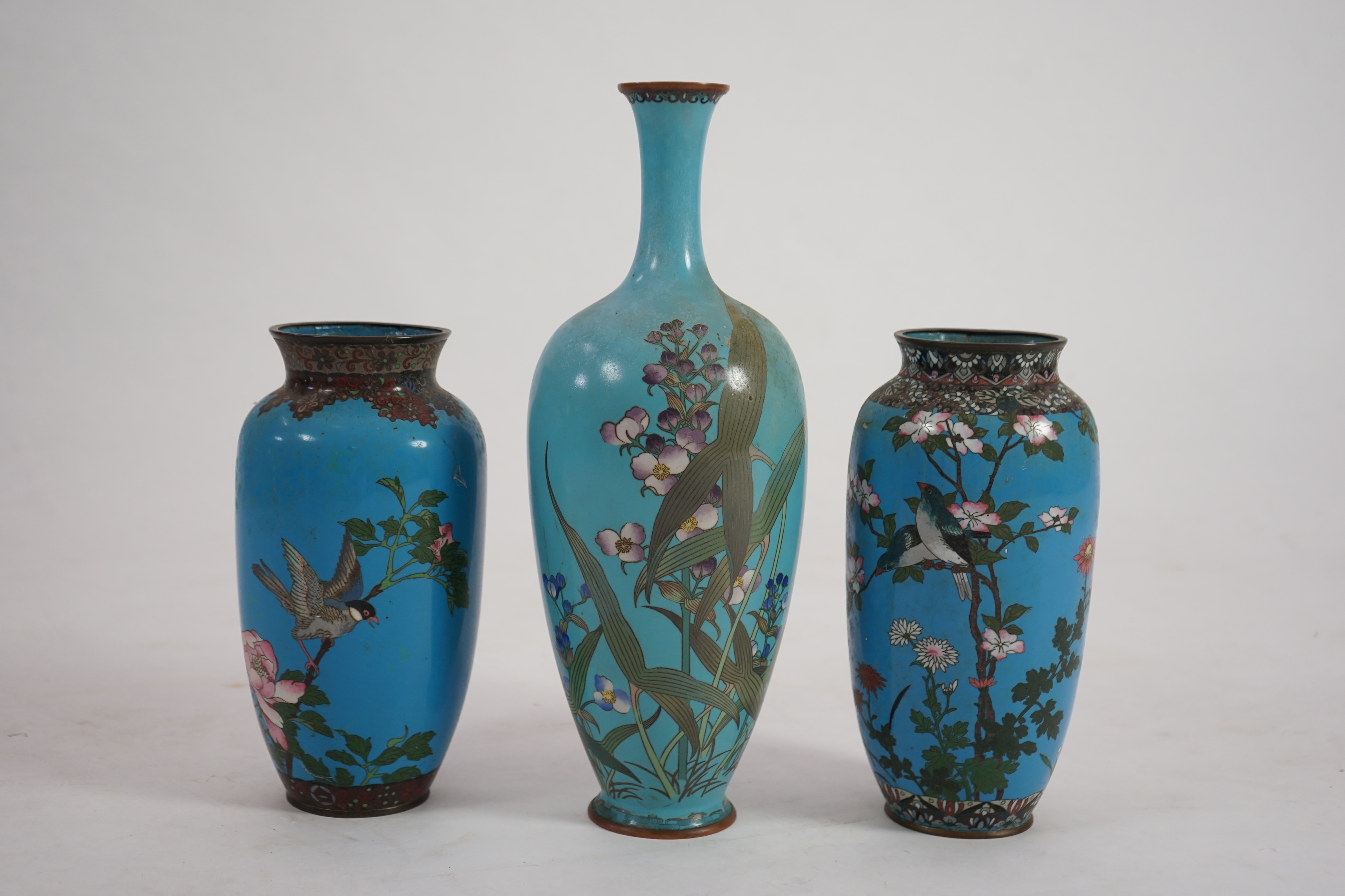 Three Japanese cloisonné vase, late Meiji period